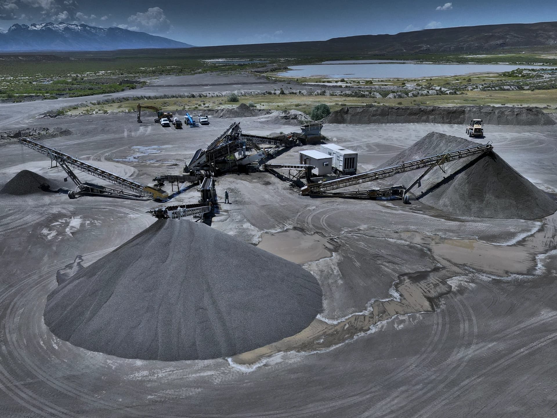 Aerial view of Vega quarry stockpiles and equipment